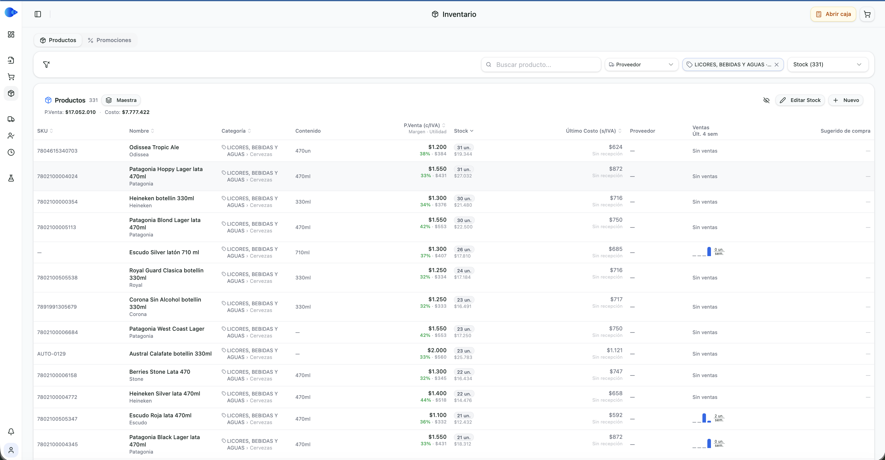 Lista de inventario en GranLoop