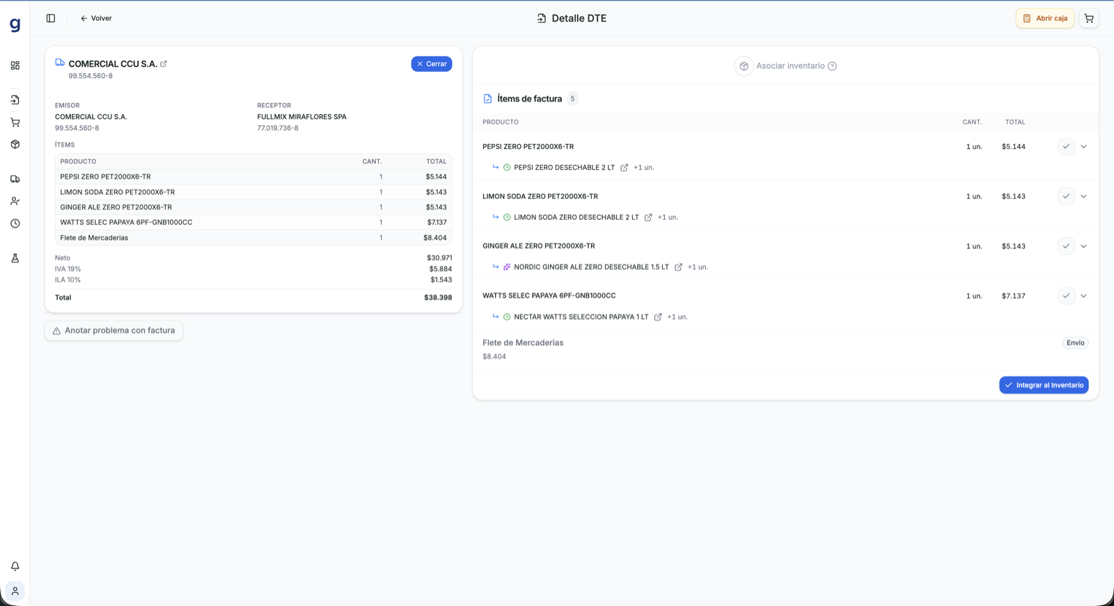 Asociación de ítems de factura con productos del inventario en GranLoop