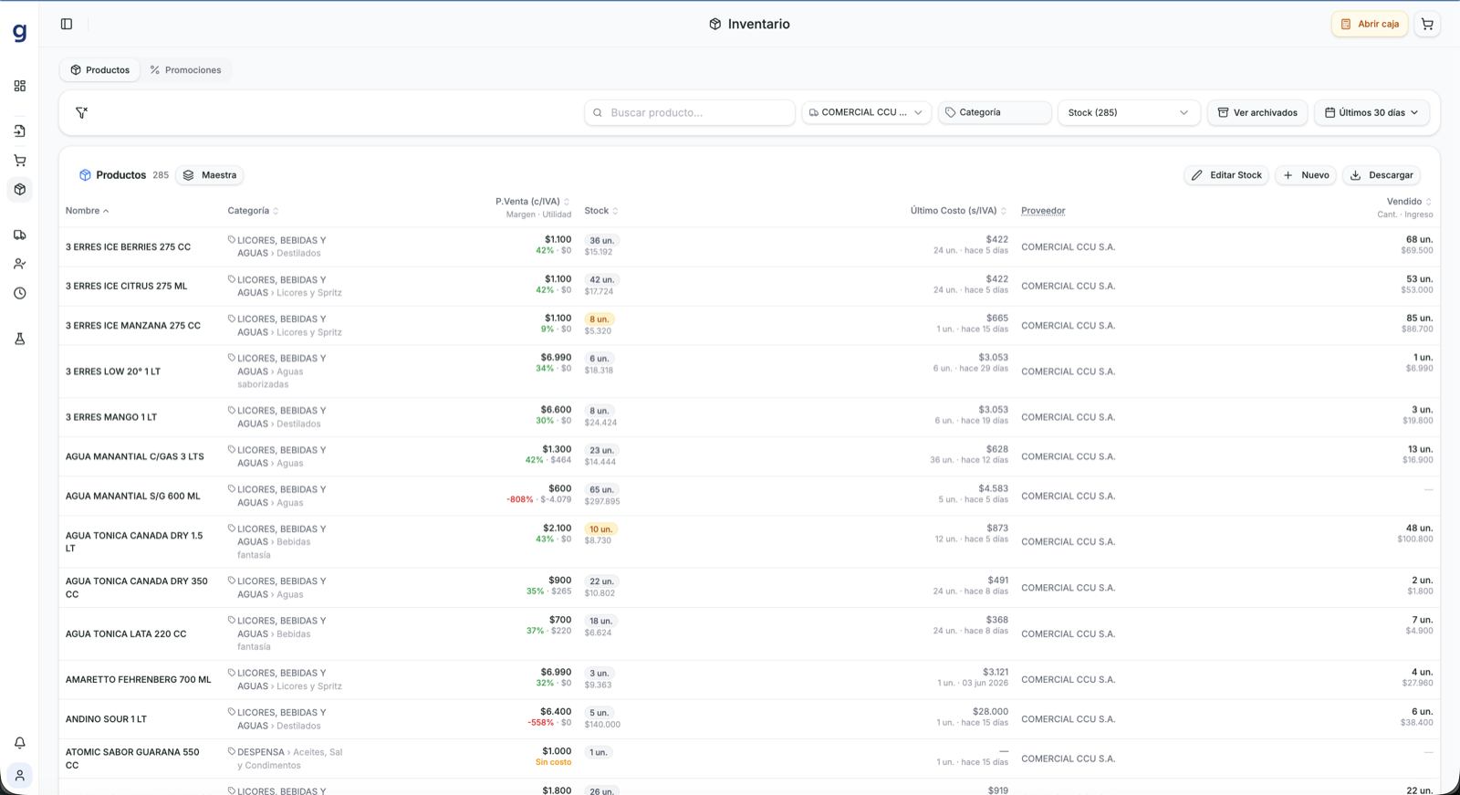 Módulo de inventario de GranLoop con stock, costo, margen y proveedor de cada producto