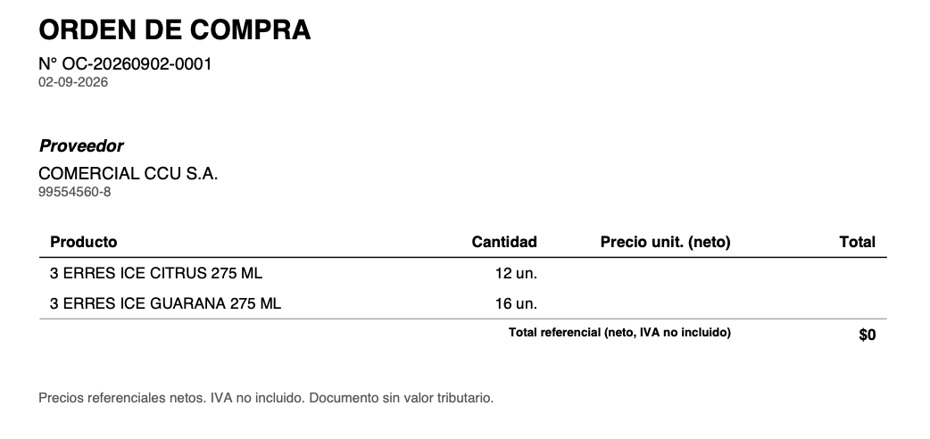 Ejemplo de orden de compra a proveedor generada en Granloop
