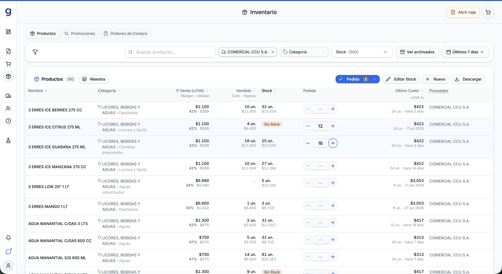 Inventario de Granloop con ventas, stock, costos y cantidades para una orden de compra