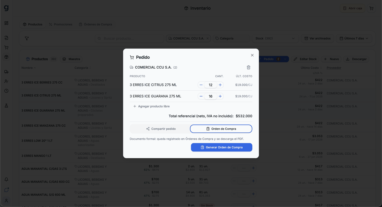 Creación de pedido y orden de compra para proveedor en Granloop