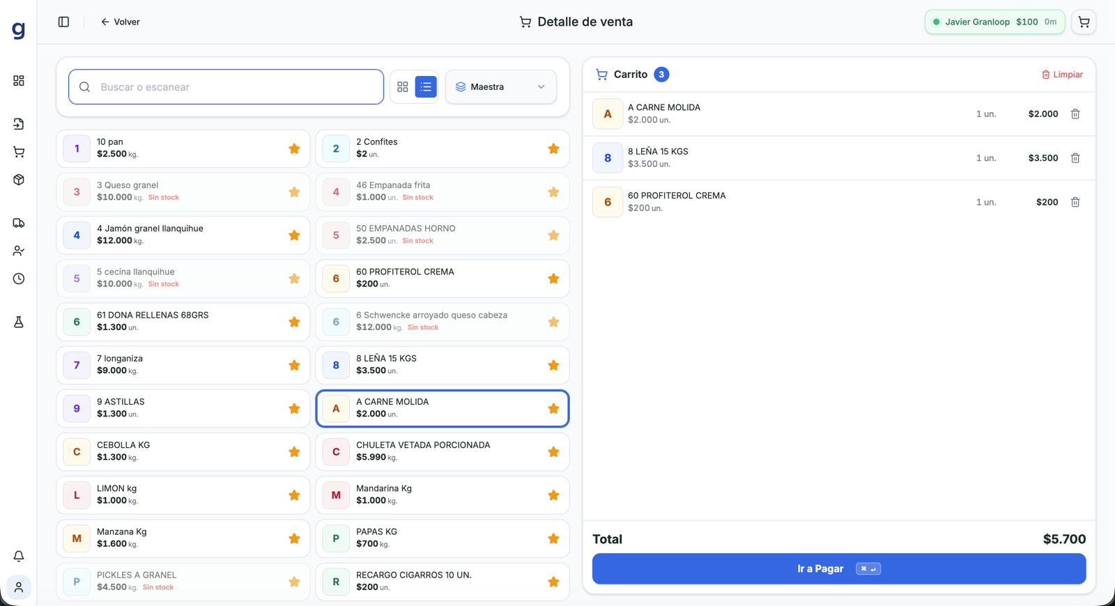 Punto de venta de GranLoop con productos escaneados línea por línea y total de la venta