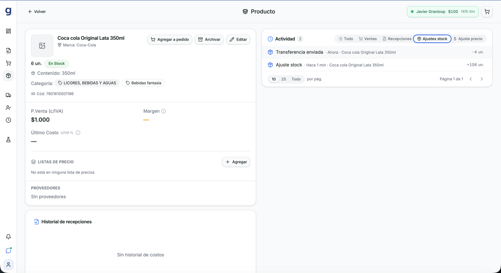 Ficha del producto en el local de origen mostrando el movimiento Transferencia enviada con menos 4 unidades