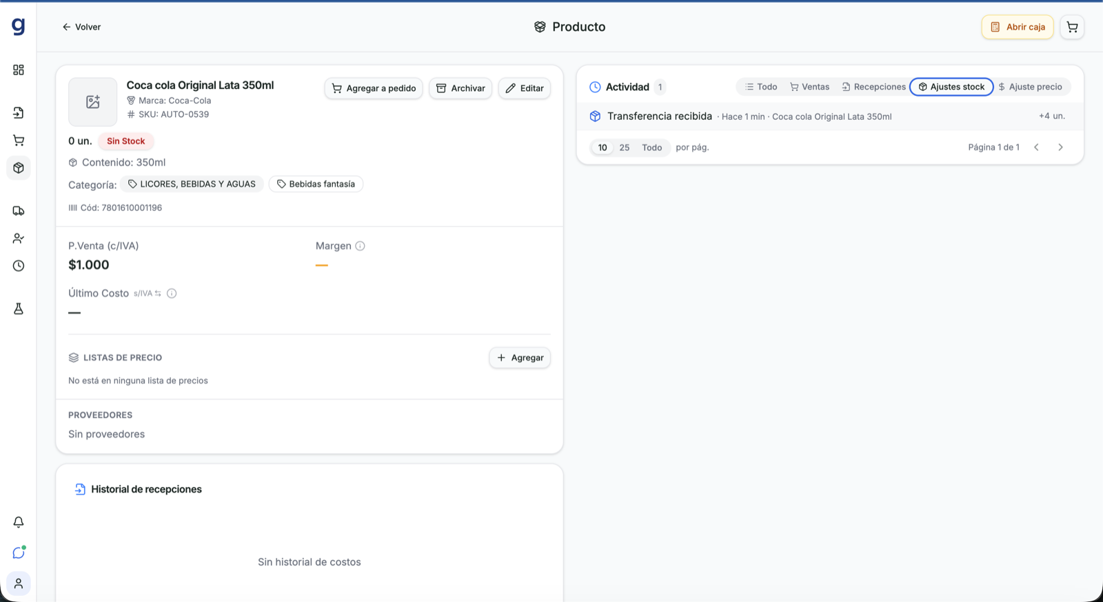Ficha del mismo producto en el local de destino mostrando el movimiento Transferencia recibida con más 4 unidades