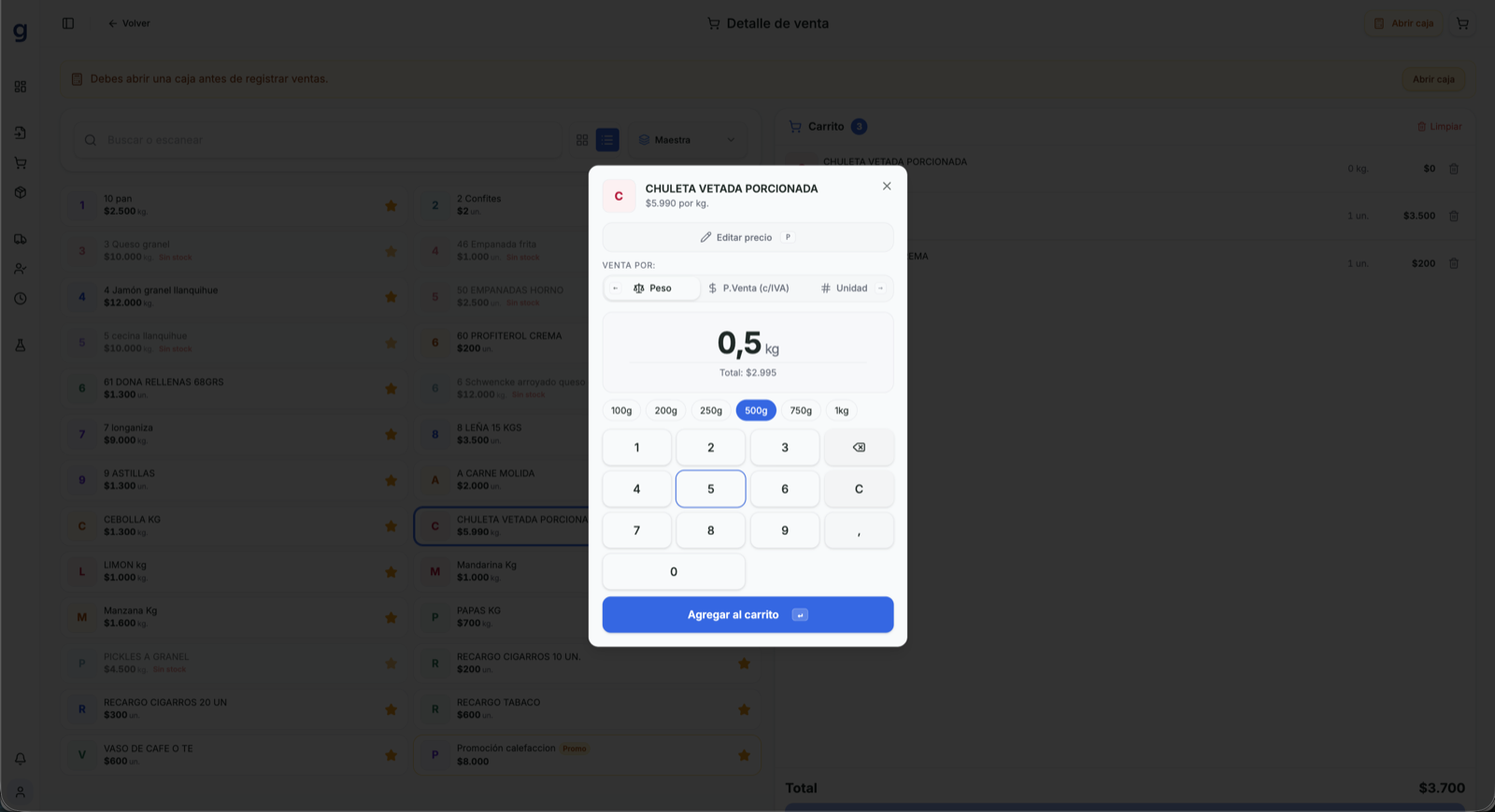 Venta por peso variable en el punto de venta de GranLoop conectado a balanza