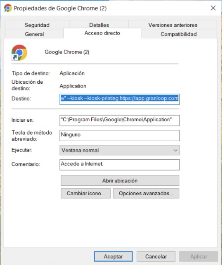 Diálogo Propiedades de Chrome con la pestaña Acceso directo y el campo Destino con --kiosk https://app.granloop.com