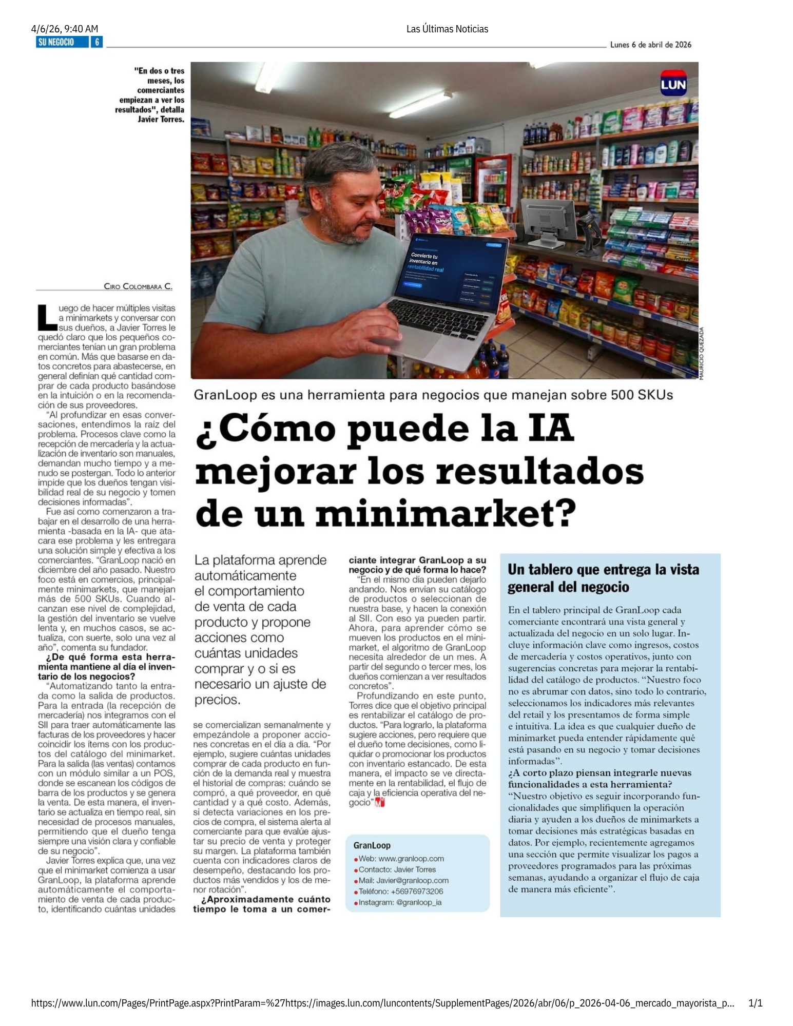 GranLoop en Las Últimas Noticias — Lunes 6 de abril 2026. Entrevista a Javier Torres sobre cómo la IA mejora los resultados de un minimarket.