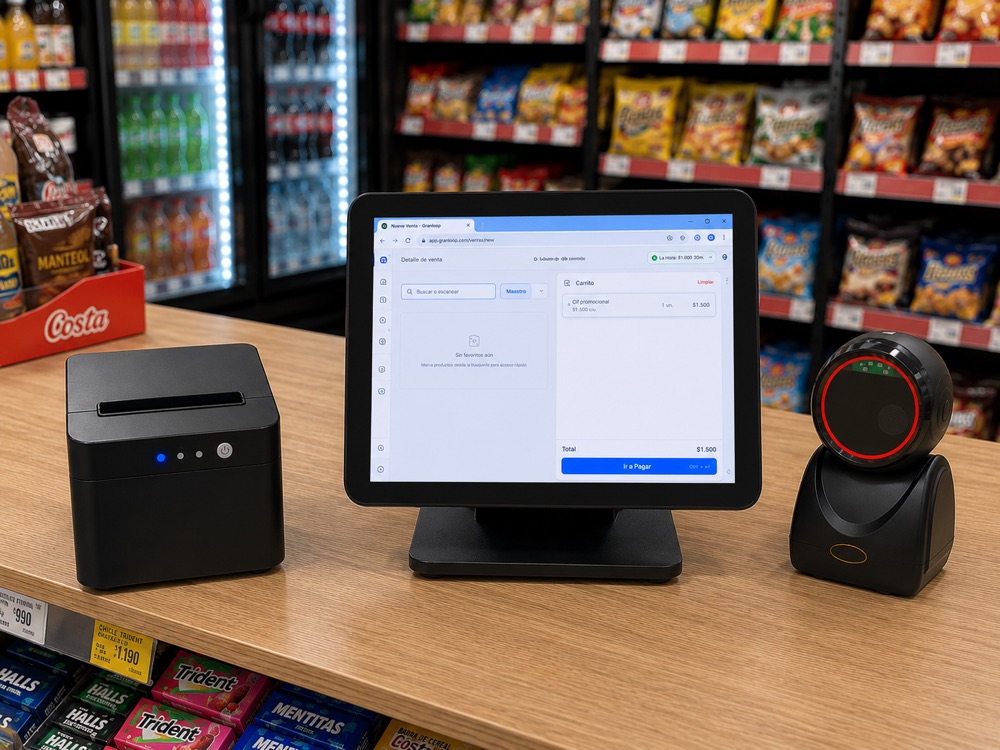 Touch pantalla simple: punto de venta para minimarket con pantalla táctil todo en uno, lector omnidireccional e impresora térmica