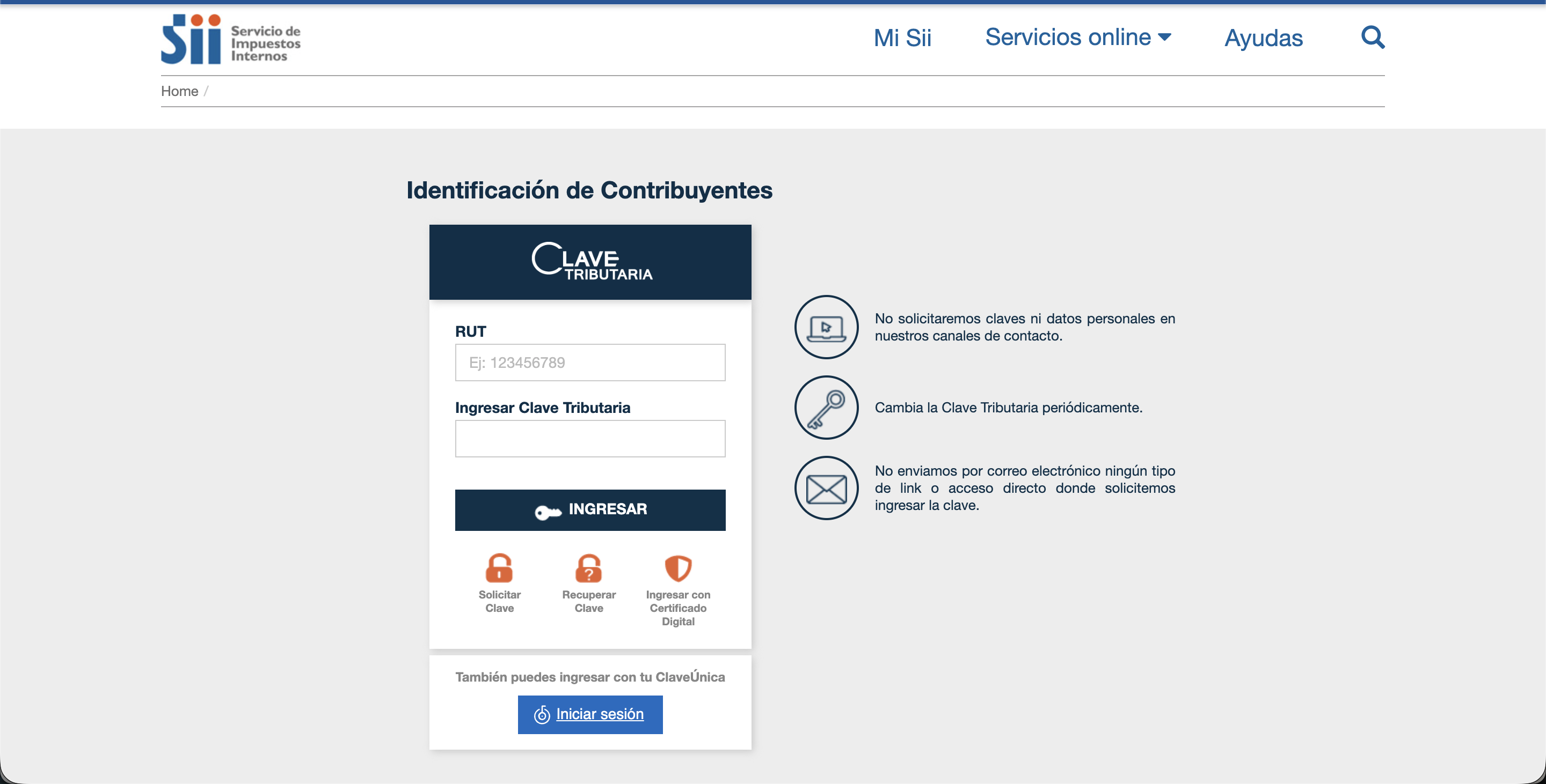 Página de identificación de contribuyentes del SII