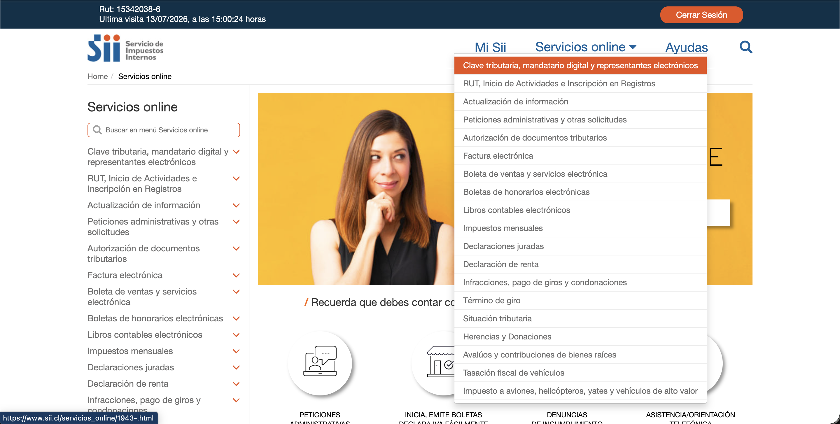 Menú de servicios online del SII con opciones destacadas
