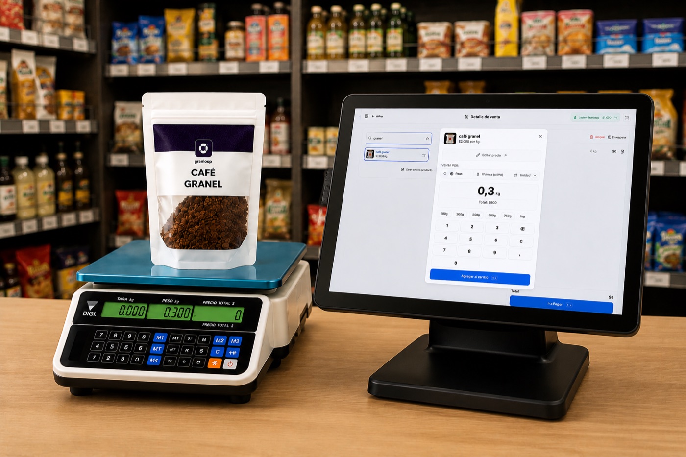 Balanza conectada al punto de venta GranLoop mostrando el peso de un producto a granel y el precio calculado en pantalla