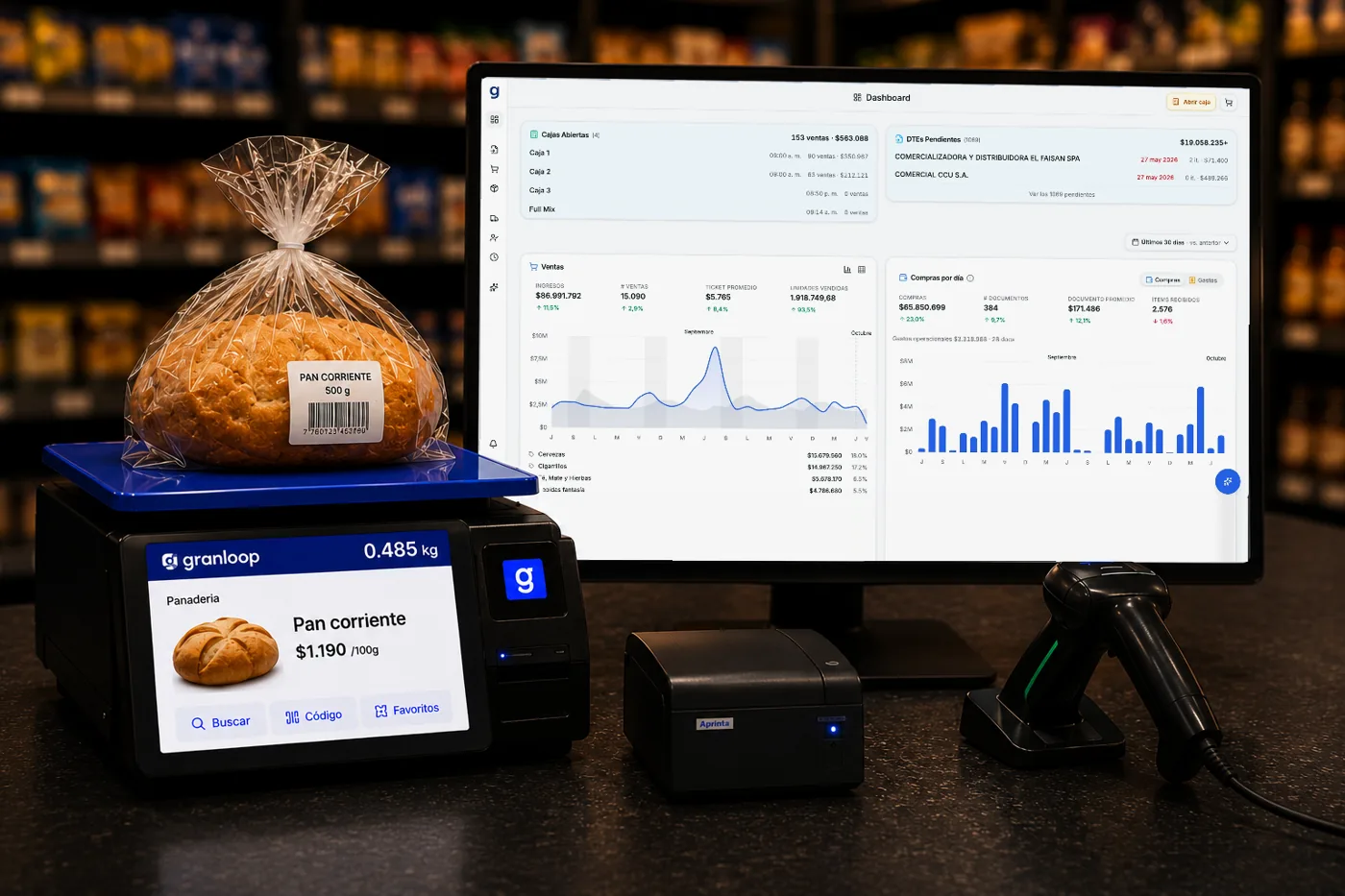 Punto de venta de un minimarket con granloop: pantalla con cajas abiertas, facturas pendientes del SII, ventas y compras, junto a la balanza, la impresora de boletas y el lector de código de barras
